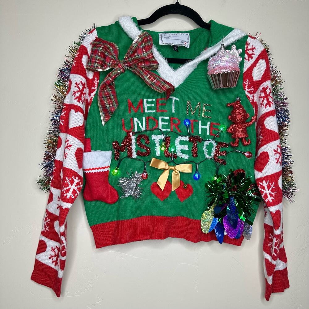 Ugly Christmas Sweater Mistletoe LIGHTS UP Tacky Tinsel Xmas Party Winner Small